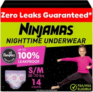 Pampers Ninjamas Nighttime Bedwetting Underwear Girls - Size S/M (38-70 Lbs), 14 - Picture 1 of 12