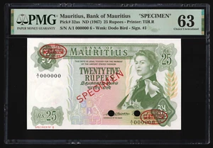 Mauritius 1967 - 25 Rupees P#32as **Specimen 000000** PMG Choice UNC 63 - Picture 1 of 2