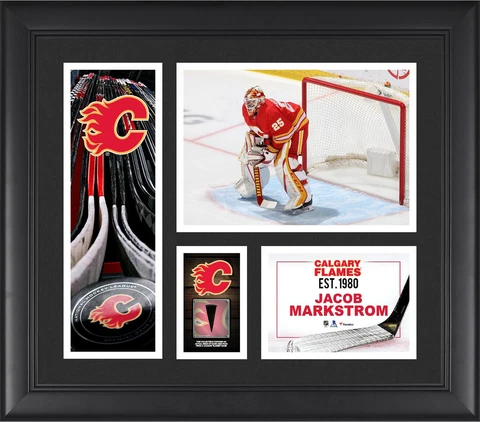 Jacob Markstrom Calgary Flames FRMD 15" x 17" Collage with a Piece of GU Puck Cover