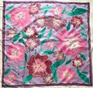 Artisan FLORAL Handpainted Purple Pink Hand Painted Rolled Silk Delicate Scarf