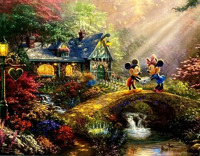 Rompecabezas Disney Thomas Kinkade 500 Piezas Mickey Minnie Lovers Bridge Completo Foto 1 de 4