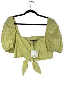 Zara Green Gingham Cotton Crop Top Puff Sleeve Size L BNWT Cottagecore Style - Picture 1 of 6