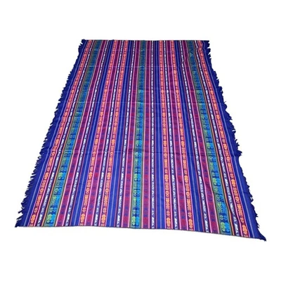 El Chasqui Ecuadorian Blanket Throw Woven 89" x 64.75" 100% Cotton Striped Vtg - Image 1 of 4