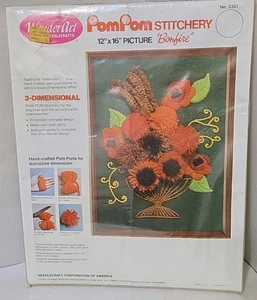 Vtg Wonderart Pom Pom Stitchery 16" Needlecraft Picture Kit BONFIRE New Sealed - Picture 1 of 9