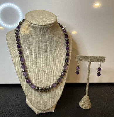 "Collar de cuentas de piedra púrpura y cristal negro hecho a mano y pendientes 925 de 1 3/4"" UU" Foto 1 de 4