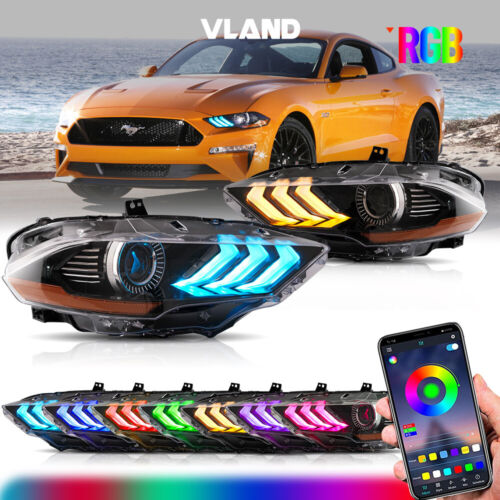 VLAND LED Projector Headlights RGB DRL Dual Beam Lens For Ford Mustang 2018-2022