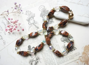 Vintage Perlenkette, glänzende braune & transparente Aurora Borealis Steine - Bild 1 von 5