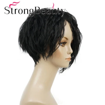 Pelucas sintéticas naturales rizadas cortas negras inclinadas asimétricas Bob Foto 1 de 4