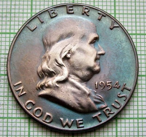 UNITED STATES 1954 P FRANKLIN HALF 1/2 DOLLAR, COLOUR TONED SILVER - Picture 1 of 4