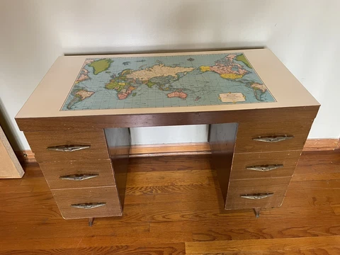 Mid Century Modern Desk - Rand McNally Cosmopolitan World Map Cover