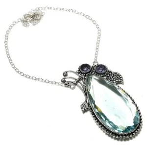 Natural Aqua Apatite, Amethyst Gemstone 925 Sterling Silver Necklace 18" q081 - Picture 1 of 7