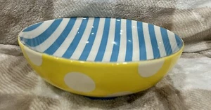 Tabitha Brown Bowl Stripes & Polka Dot - Blue/Yellow/White Stoneware 6” 2.25” - Picture 1 of 3
