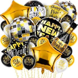 72 Pieces New Year's Balloon Set, Black Gold & White, Mylar and Latex Balloons