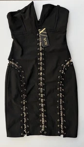 Mini Vestido WOW Etiqueta Dorada Sin Tirantes Vendaje Bodycon Cuello en V Con Cordones Talla M - Imagen 1 de 11