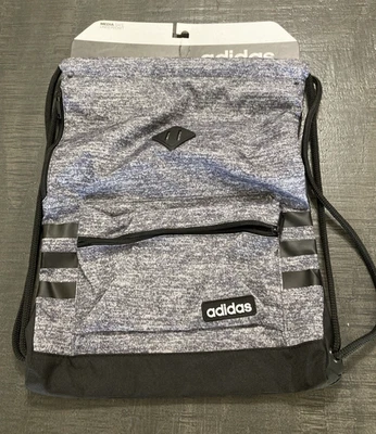 Adidas Media Safe Lined Pocket Sackpack Bag Grey Black Drawstring Zip New School - Image 1 of 4