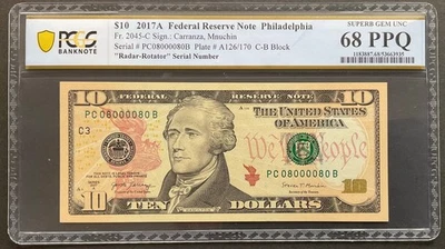 Fancy Serial Number, $10 Dollar Bill “RADAR”, # 08000080, PCGS Graded 68 PPQ - Image 1 of 2