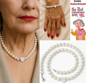 Grandma Freshwater Pearl Necklace & Bracelet with Heart Pendant, Handmade Chain - Picture 1 of 5