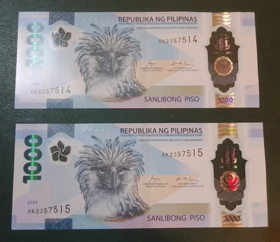 2024 Philippines Banknote P1000 Peso UNC Polymer NEW Eagle - x2 - Sequential - Image 1 of 4