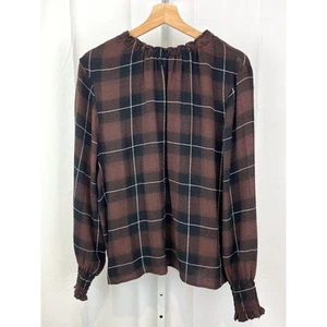 CLOTH & STONE Pucker Plaid Top Long Sleeve Textured Stretch Brown Black Size L - Picture 1 of 9