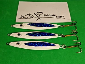 3 - 2 oz  FLUTTER SPOON FISHING LURE JIG JIGGING TROLLING LEAD SLAB WHITE / BLUE - Picture 1 of 6