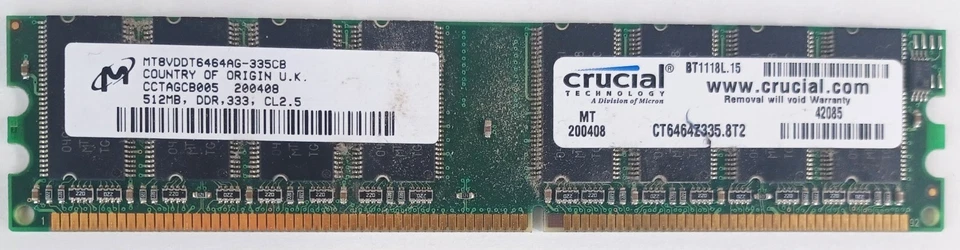 Crucial 512MB PC-2700 (DDR-333) Unbuffered CL2.5 184-Pin Memory (CT6464Z335.8T2) - Image 1 of 1