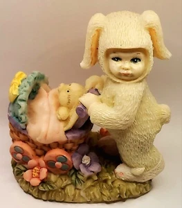 Vintage SnowBabies - Snow Bunny 3" Pushing Baby Carriage On Green Grass - Picture 1 of 7