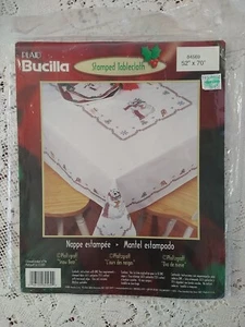 PLAID BUCILLA STAMPED TABLECLOTH 52" X 70" SNOW BEAR 84569 Kit w/ Floss, Started - Picture 1 of 9