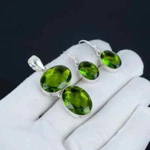Peridot Gemstone 925 Sterling Silver Pendant, Earrings Set Handmade Gift Jewelry - Picture 1 of 4