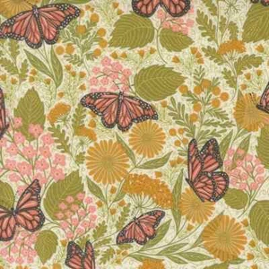 Monarch Butterflies, Tiny Coral, Gold Flowers, Novelty Fabric, Bee Garden, Moda - Picture 1 of 1