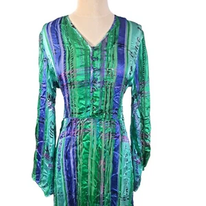 Vintage 100% Printed Silk Designer Dress Long Bell Sleeves Anne Crimmins UMI Co - Picture 1 of 24