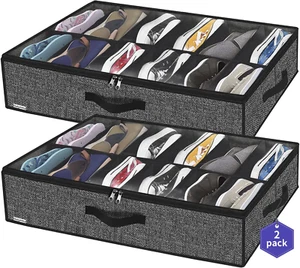 Onlyeasy Sturdy under Bed Shoe Storage Organizer, Set of 2, Fit 12 to 24 Pairs - Picture 1 of 12