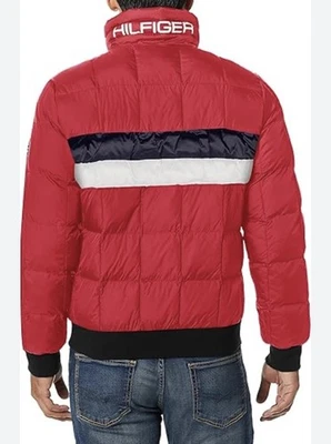 Tommy Hilfiger Puffer Bomber Jacket Mens Large Colorblock Spellout Logo Preppy - Image 1 of 4