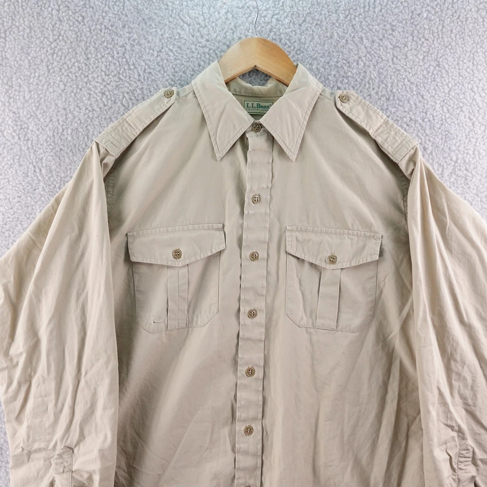 Vintage USA Made LL Bean Mens XL Khaki Long Sleeve Button Up Shirt Pockets Camp - Image 1 of 4