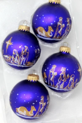 CUATRO-CBK Belén Púrpura y Dorado Bebé Jesús Bola de Vidrio Adornos 2.5"" D Foto 1 de 2