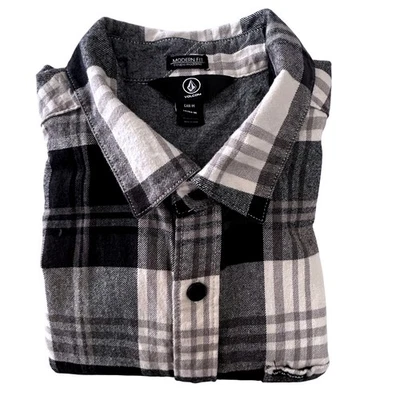 Volcom Men's Shirt Medium Modern Fit Long Sleeve Black White Gray Plaid Flannel - Image 1 of 4