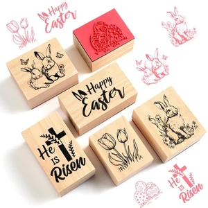 6 Pcs Easter Rubber Stamp Set Happy Easter Wooden Rubber Stamp Bunny Rabbit S... - Picture 1 of 6