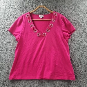 QUEENSPARK Womens Top Size 2XL Pink Stretch Knit Short Sleeve V-Neck Casual - Picture 1 of 14