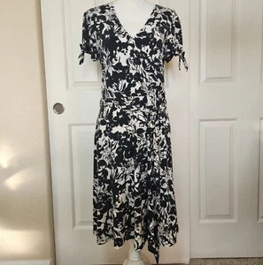 APT 9 Women's Dress BLACK & WHITE Floral Short Sleeve Tie Waist Cocktail  Large - Picture 1 of 11