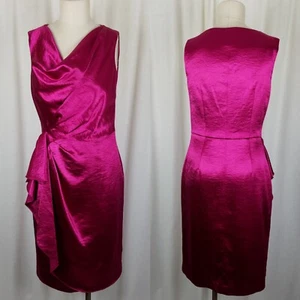Anne Klein Drape Dress Satin Wiggle Plunge Faux Wrap Look Womens 6 Metallic Pink - Picture 1 of 10
