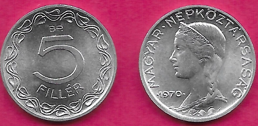 HUNGARY 5 FILLER .1970. BP UNC PORTRAIT OF A WOMAN HEAD LEFT,LEGEND ON COIN,MAGY - Image 1 of 1