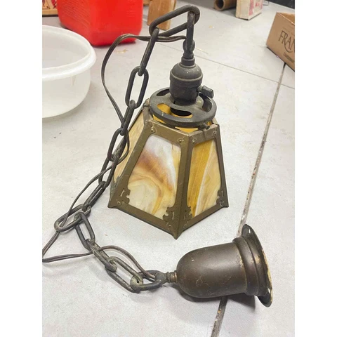 Vintage slag tiffany style stained glass brass swag pendant light fixture Cover