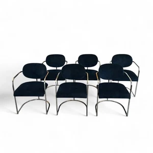 Set of 6 Milo Baughman Style Chrome & Velvet Dining Chairs - Picture 1 of 10