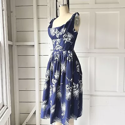 Vtg 50s Malihini Blue Floral Cotton Sundress Hawaiian Tiki Shelf Bust Dress XXS - Image 1 of 4