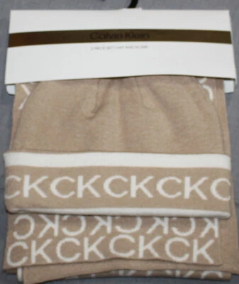 Calvin Klein Logo Print Womens Almond Beige 2 Piece Set - Scarf & Hat  NWT  $88 - Image 1 of 3