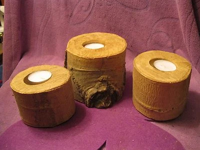 RUSTIC  BIRCH WOODEN CANDLE HOLDERS  SET OF 3 - Image 1 of 4