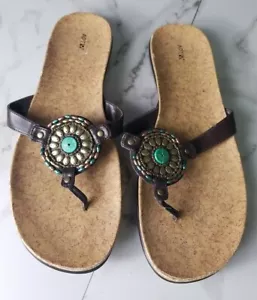 APT. 9 Brown Flio Flops w/Cork-Like Soles Bronze Turquoise & Coral Beading Sz 10 - Picture 1 of 12