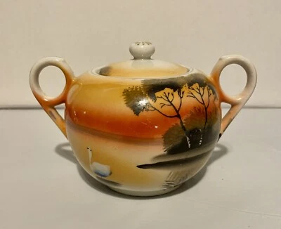 Vintage Kutani Hand Painted Orange Black  White Bird Trees  Sugar Bowl  Japan  - Image 1 of 4