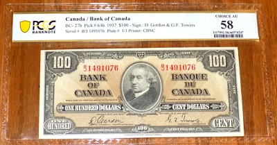 1937 $100 BANK OF CANADA GORDON/TOWERS PAPER MONEY NOTE PCGS AU58 P-64B BC-27b - Image 1 of 4
