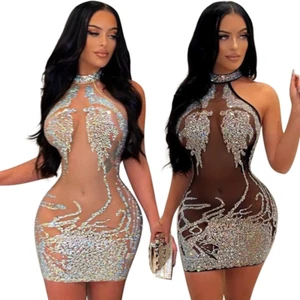 Sexy Women Mesh See-through Rhinestone Bodycon Evening Party Mini Dress Clubwear - Picture 1 of 12