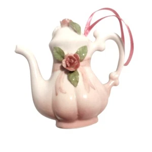 Vintage Porcelain Teapot Ornament Pink & White Floral Accent Ribbon Cute Gift 3" - Picture 1 of 7